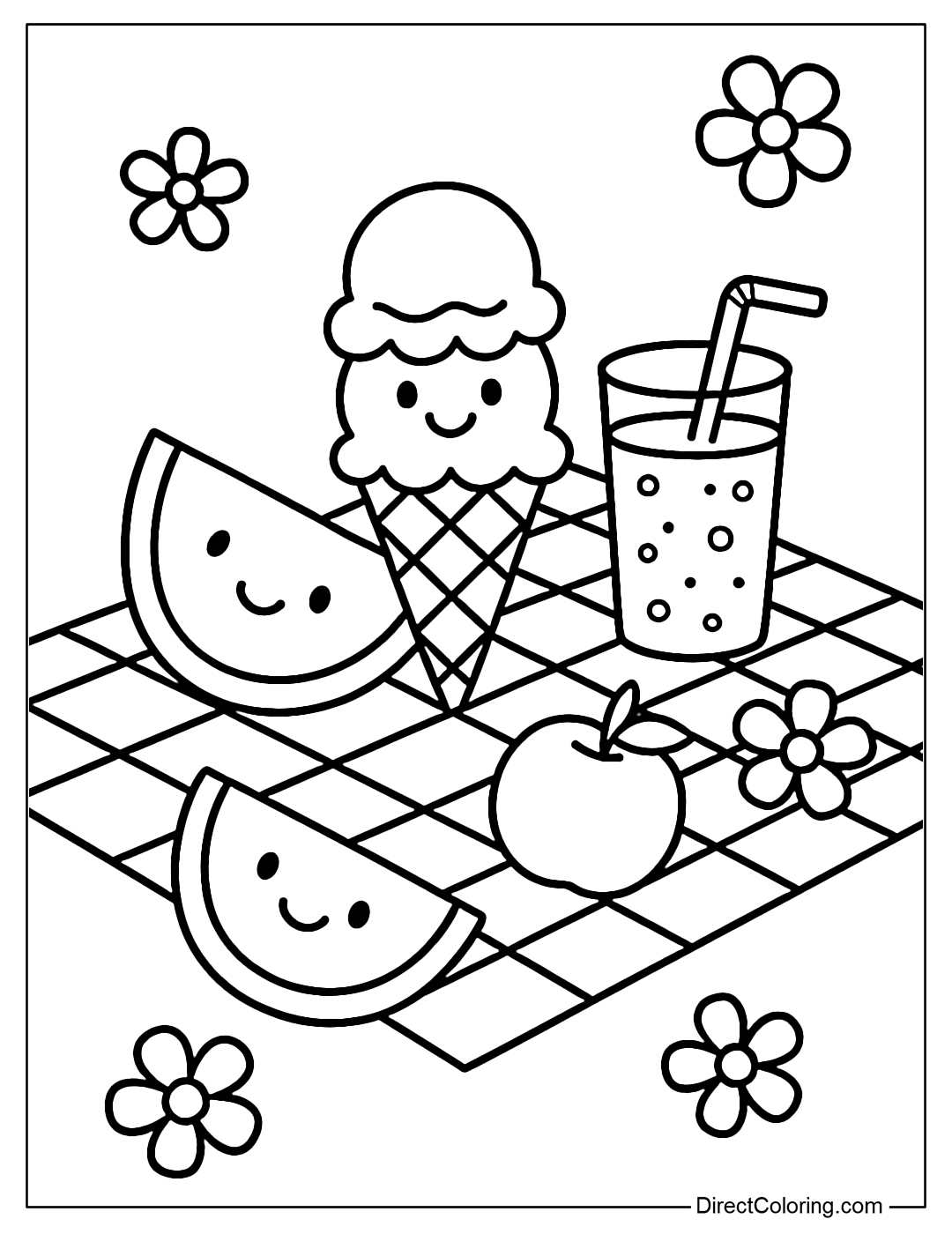 Picnic blanket coloring page with ice cream, fruit, soda, and summer flowers.
